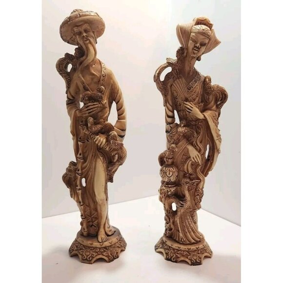 Vtg Artmark Made In Italy Asian Figurines 14" Tall by 4" Wide Each Holding Birds